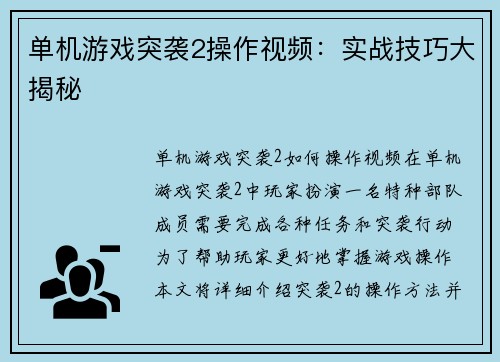 单机游戏突袭2操作视频：实战技巧大揭秘